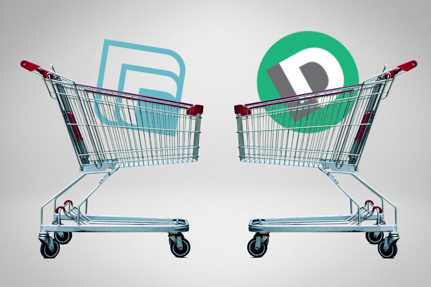 Two grocery carts facing each other and each one has a SaaS logo inside of it