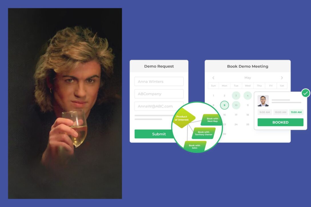 George Michael holding a glass of wine next to a graphic image of LeanData scheduling software