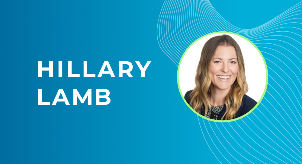 A blue rectangle with the headshot of Hillary Lamb, a revops professional