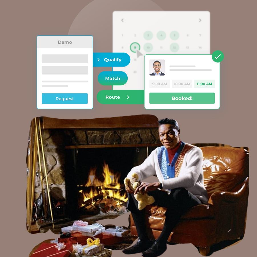 Nat King Cole sitting by a roasting fire with scheduling software graphic images above his head