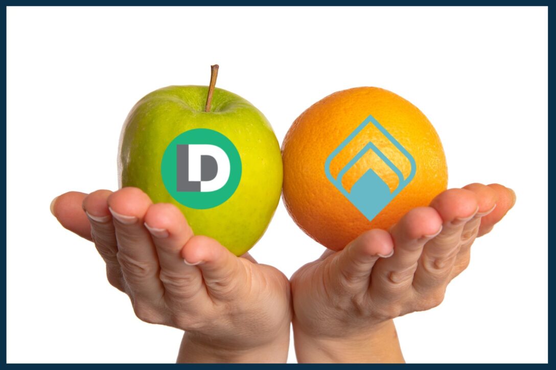 hands holding an apple with the LeanData logo on it and an orange with the Qualified logo on it