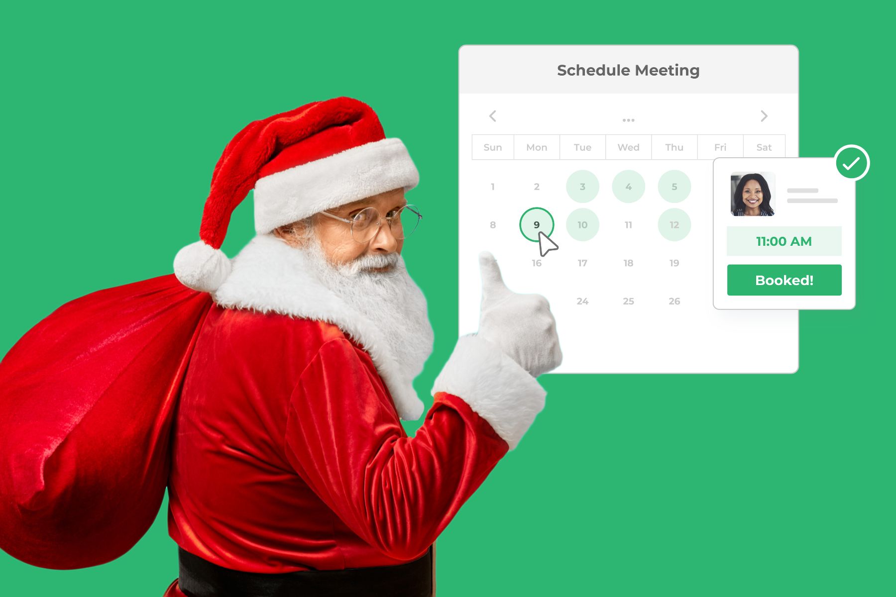 Santa holding a thumb up next to LeanData scheduling software