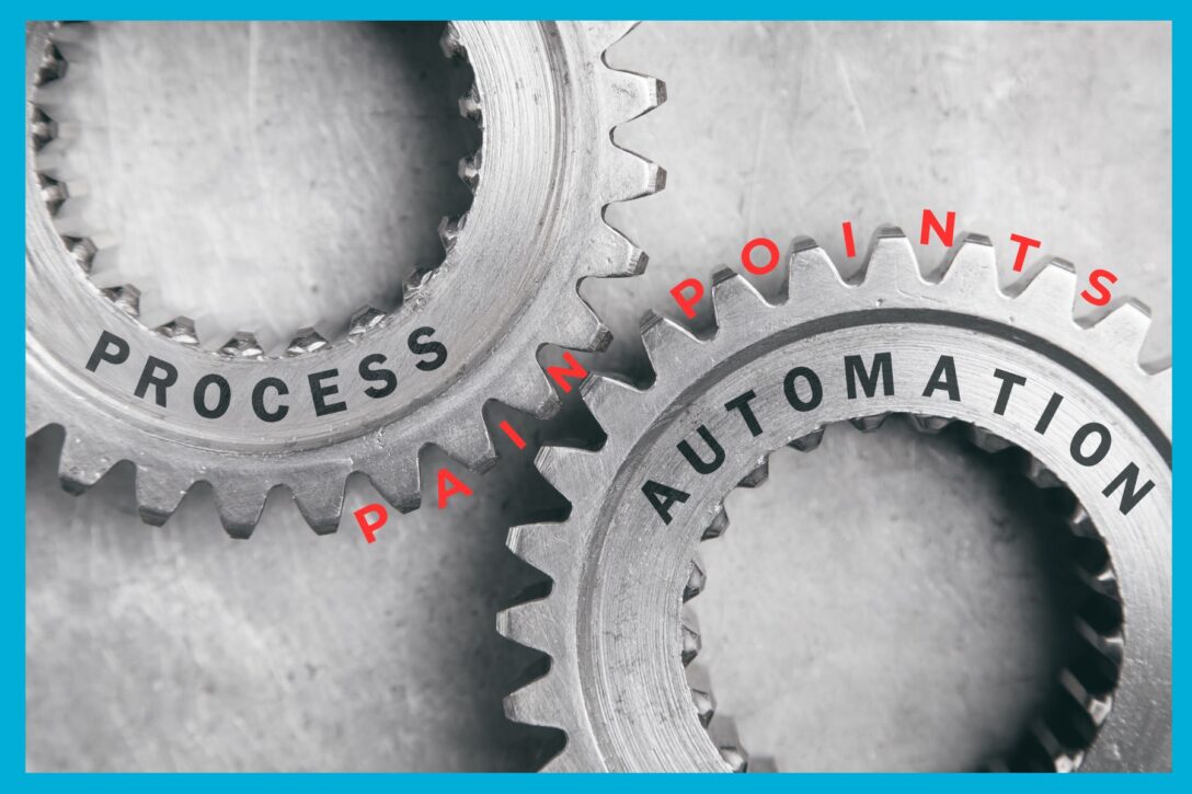 two gears representing process and automation separated by the words pain points