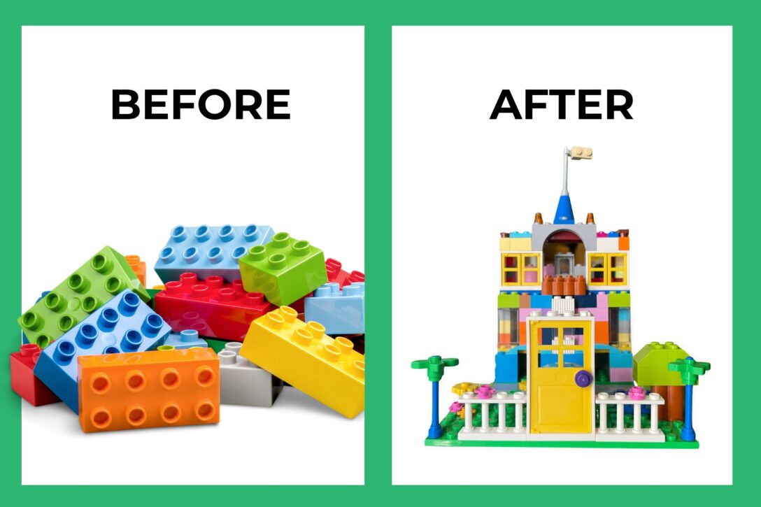 Two images of legos next to each other. One is a pile of legos. The other is a lego castle. 