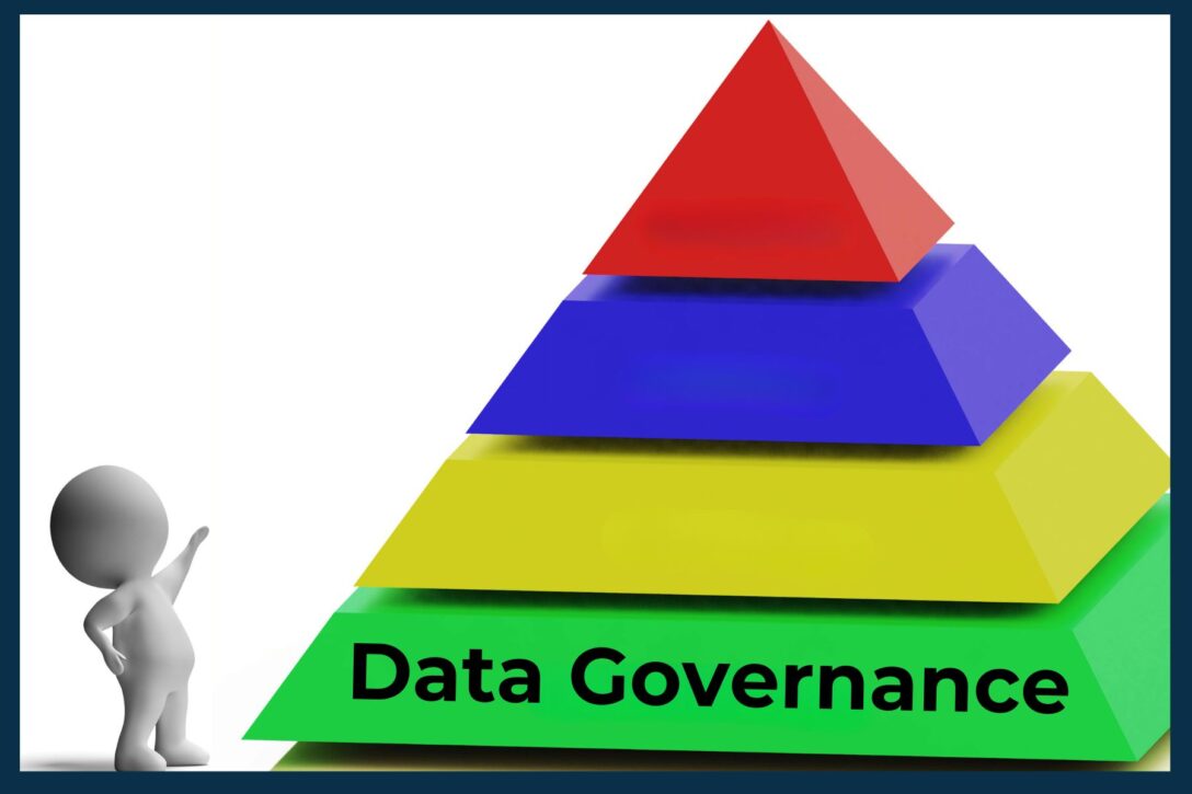 white faceless figure looking up at a multi colored pyramid with the word Data Governance on the bottom layer