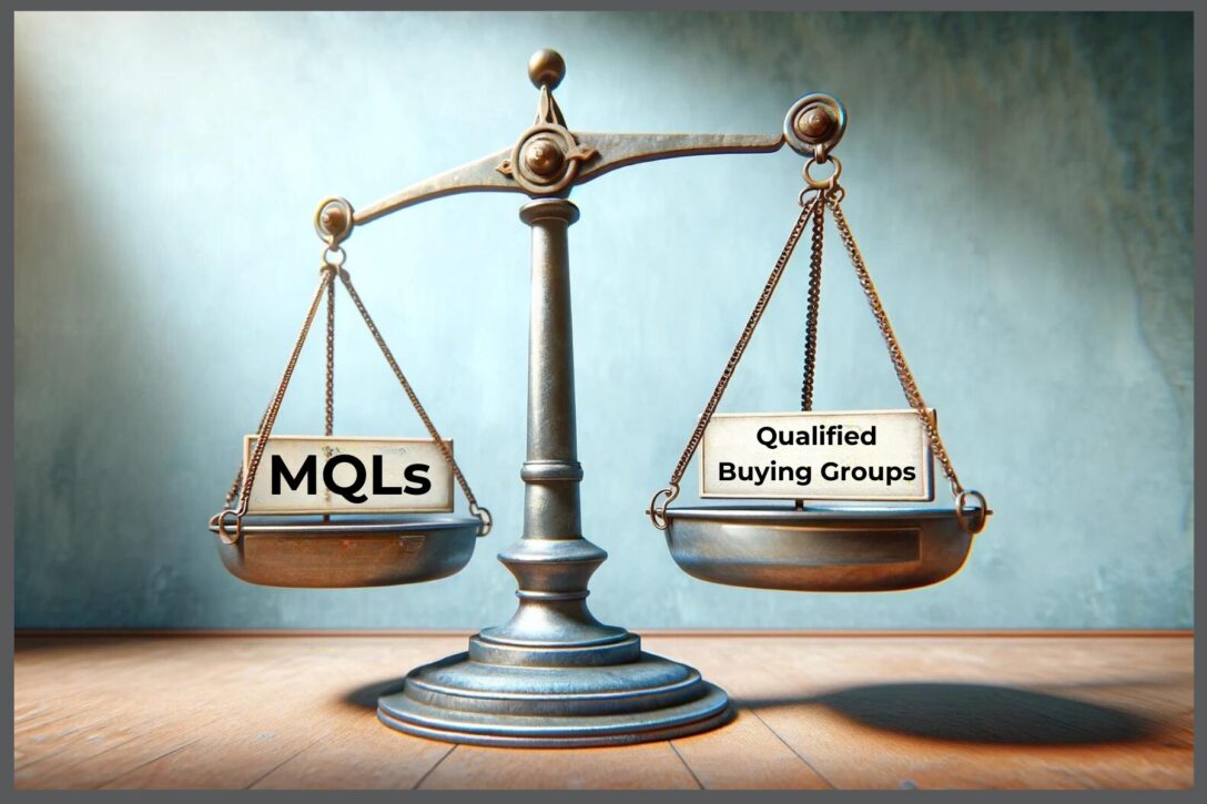 A manual scale that weighs MQLs on one side and qualified buying groups on the other side