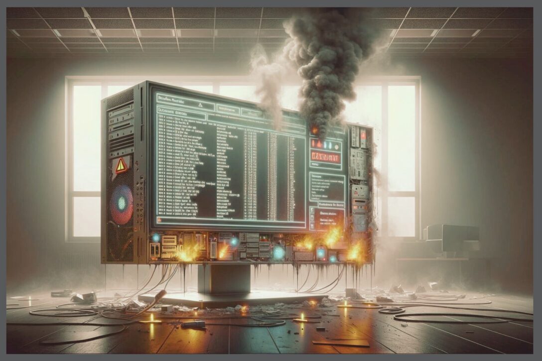 A large computer with code on the screen and fire and smoke coming out of it