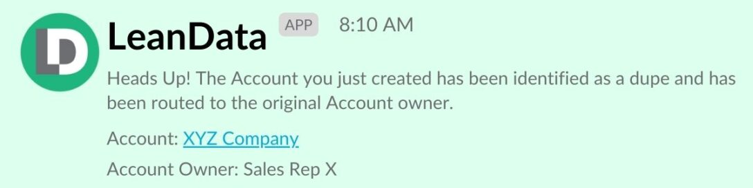 An automated Slack alert from the LeanData automation platform