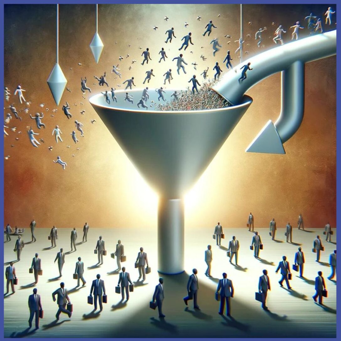 A silver funnel with people flowing into the top and people standing at the bottom of it