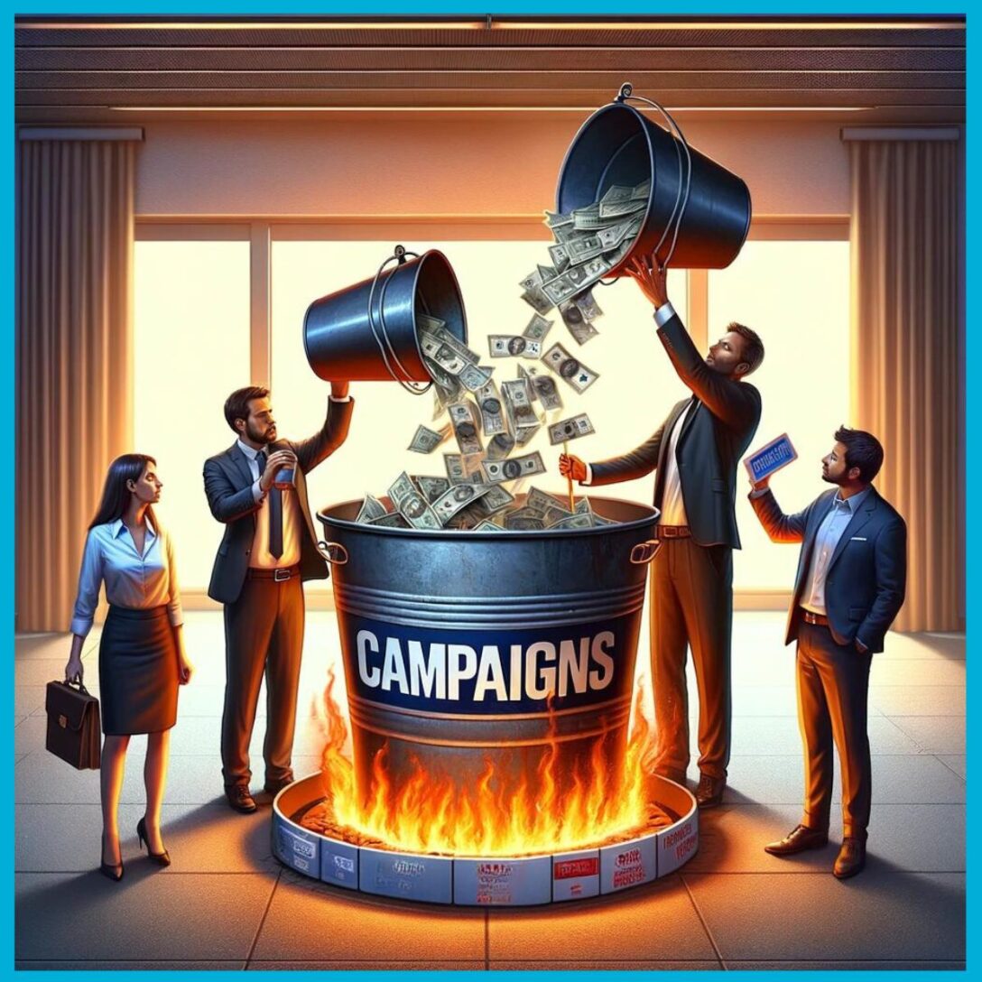 a marketing team pouring buckets of money into a bucket on fire