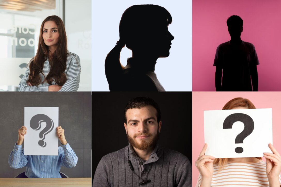 six squares containing headshots of people either showing their face or hiding their face