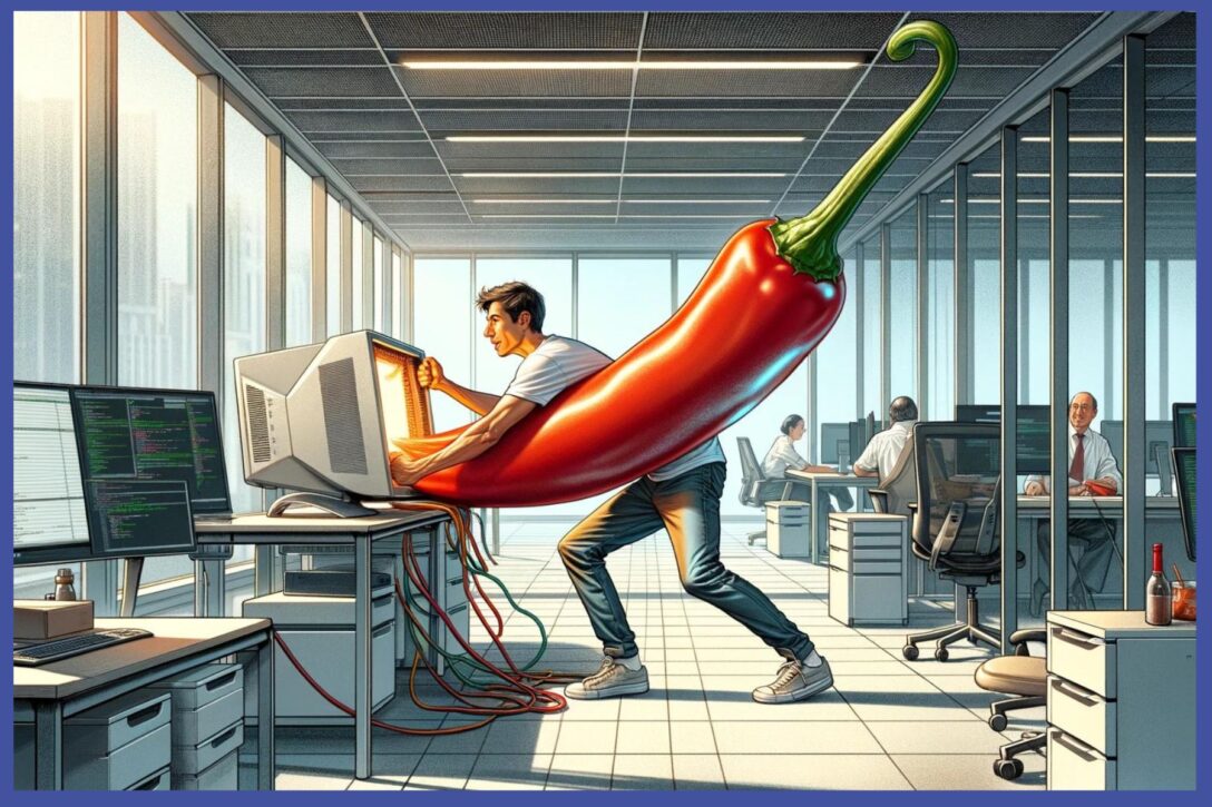 a computer programmer pulling a giant chili pepper representing Chili Piper out of their company's tech stack