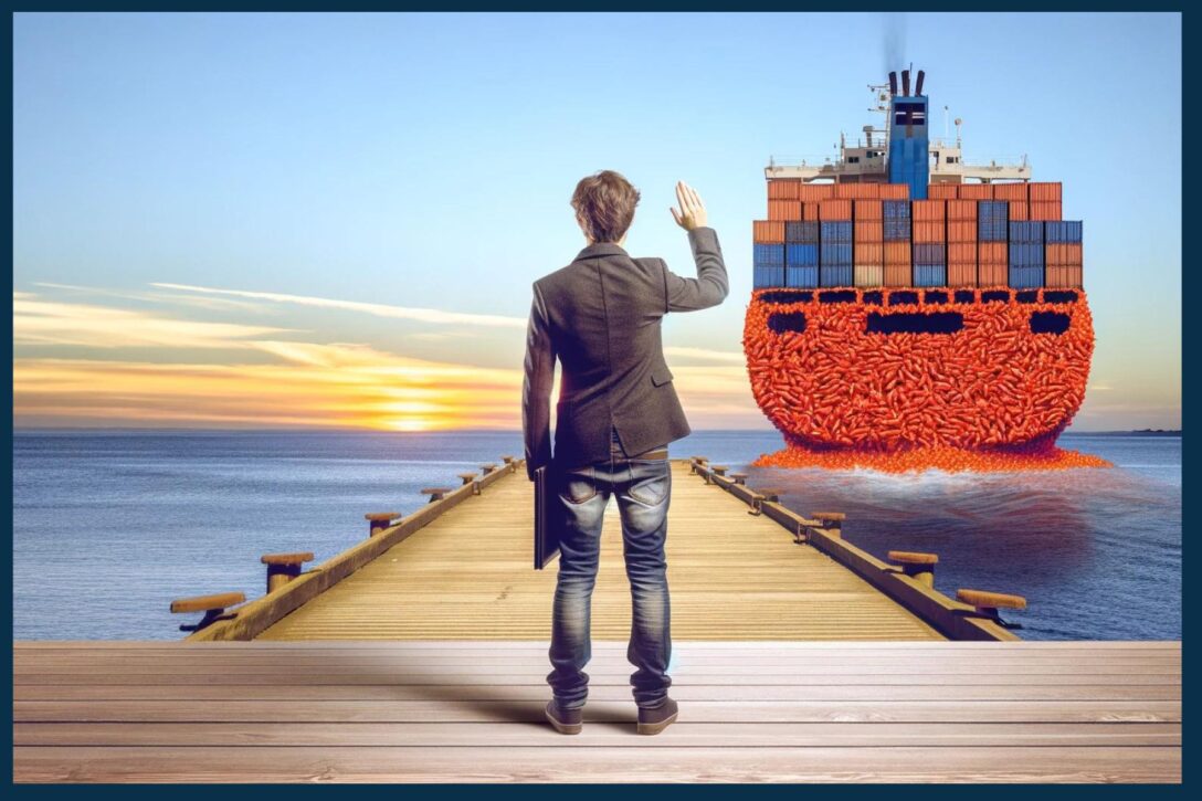 Man standing on a dock holding a laptop computer waving goodbye to a ship representing Chili Piper