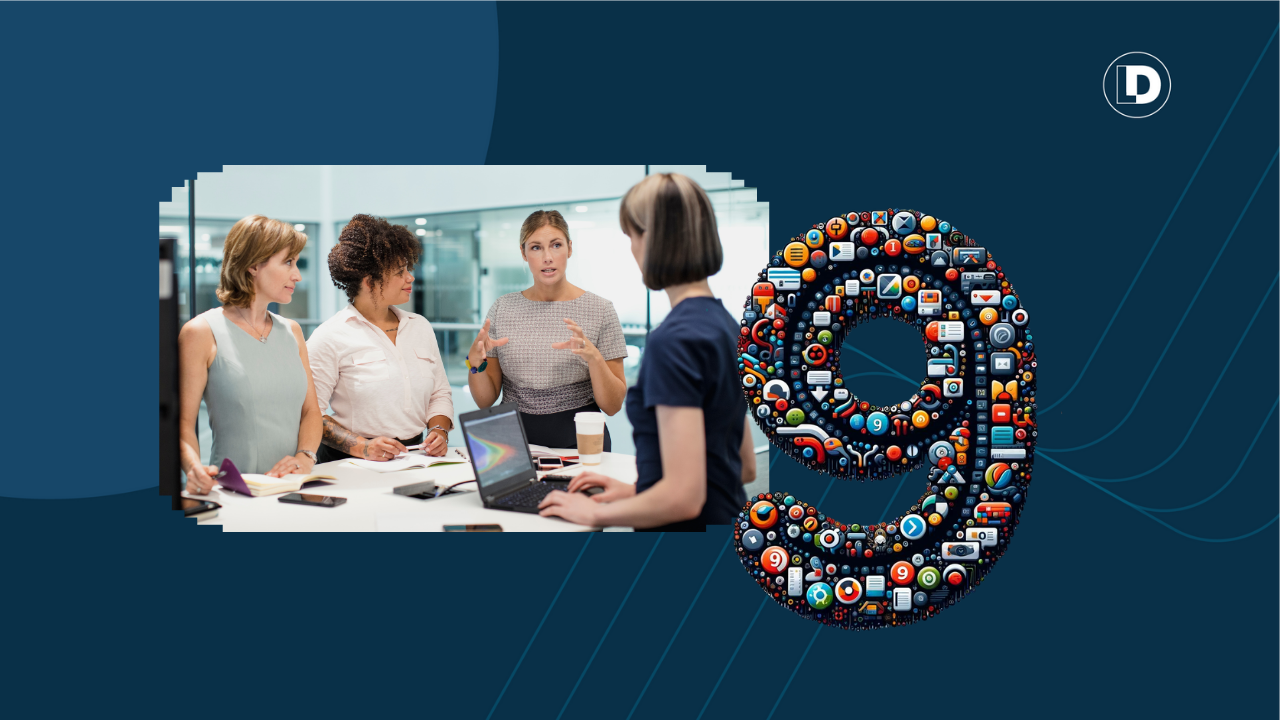 A photo of women talking in a professional business environment and the number nine