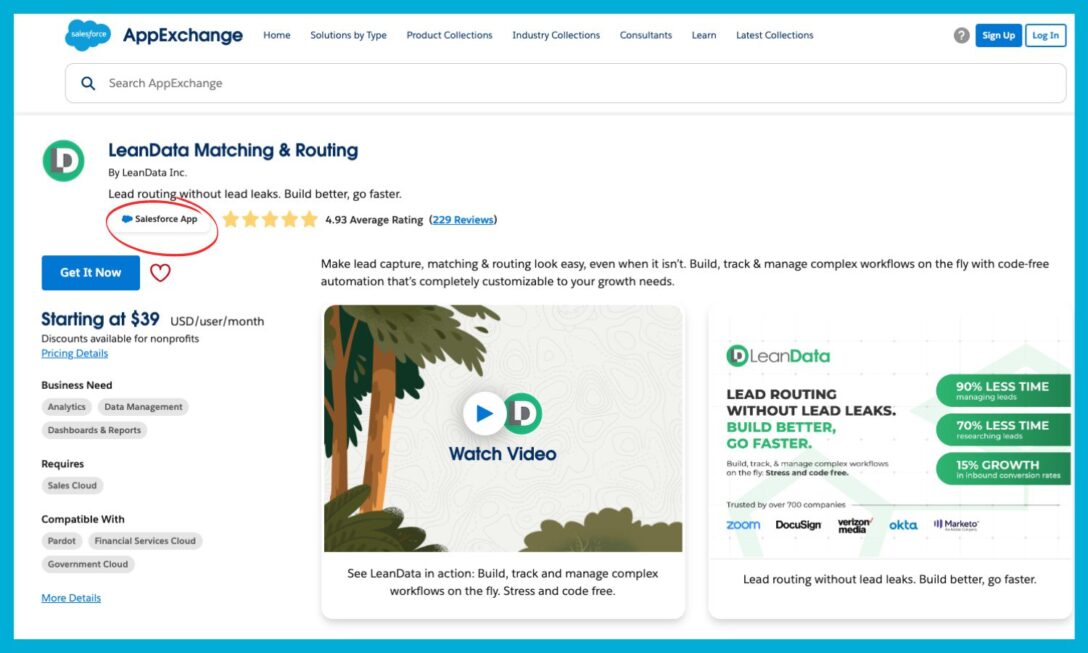 LeanData listing on the Salesforce AppExchange