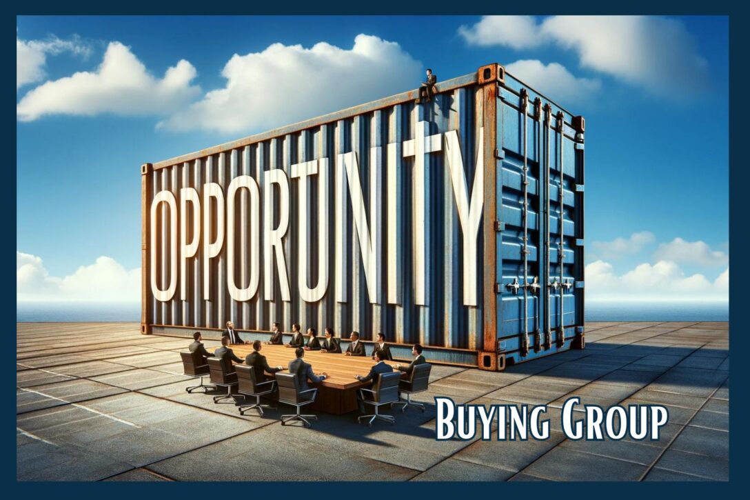 Large container with the word Opportunity written on the side placed next to a conference table full of working professionals