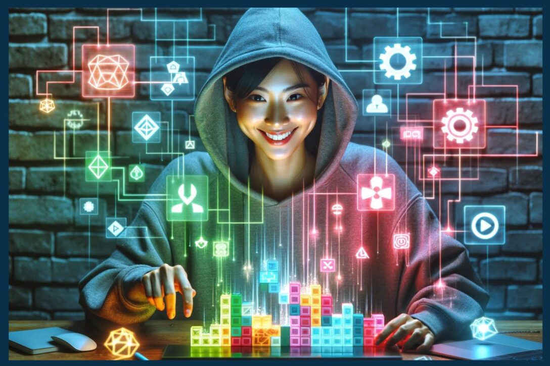 an asian woman wearing a hoodie playing tetris with a tech stack