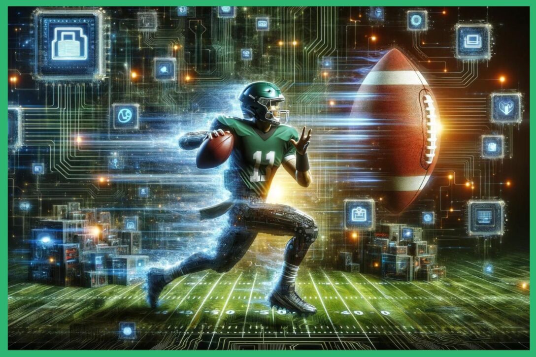 Football player in a green jersey running through software logos.