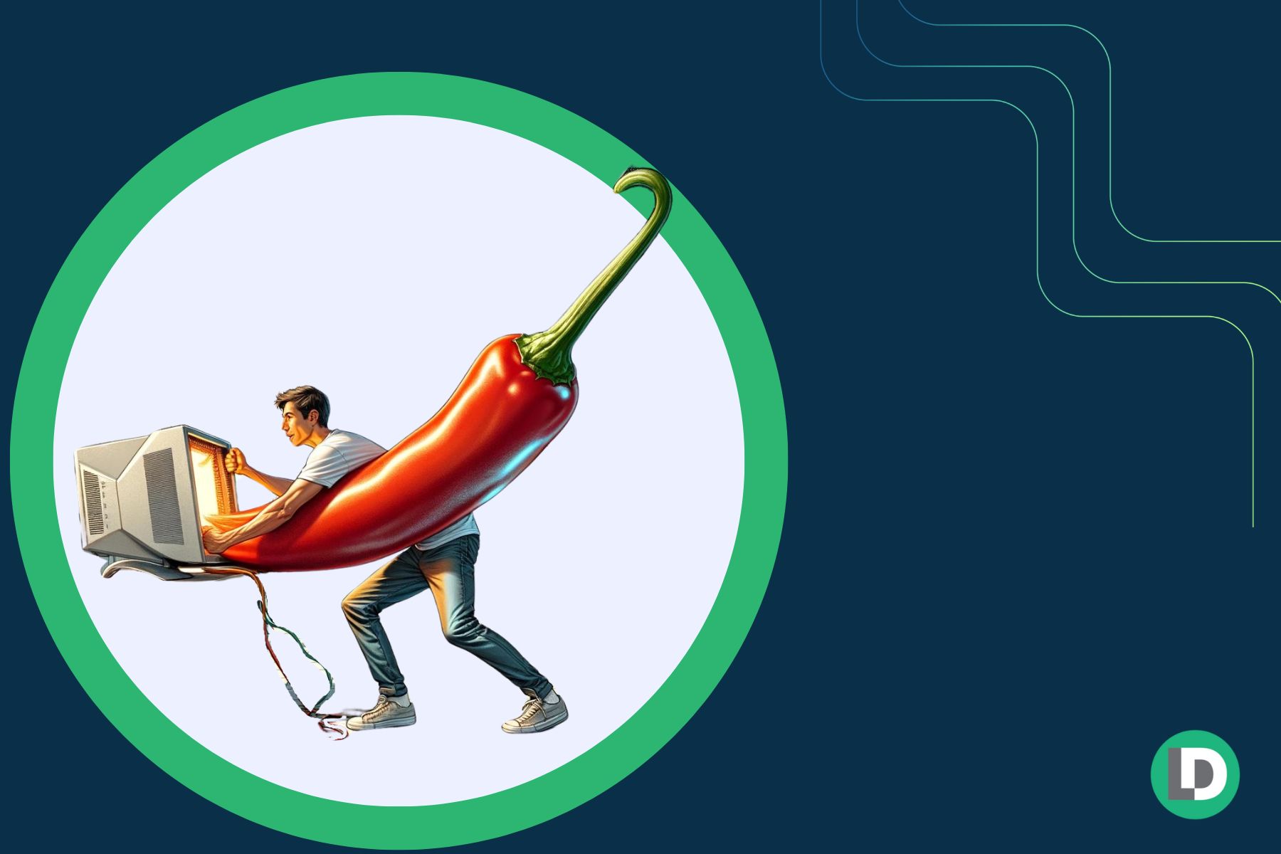 Man pulling a red chili pepper out of a computer monitor to represent Chili Piper.