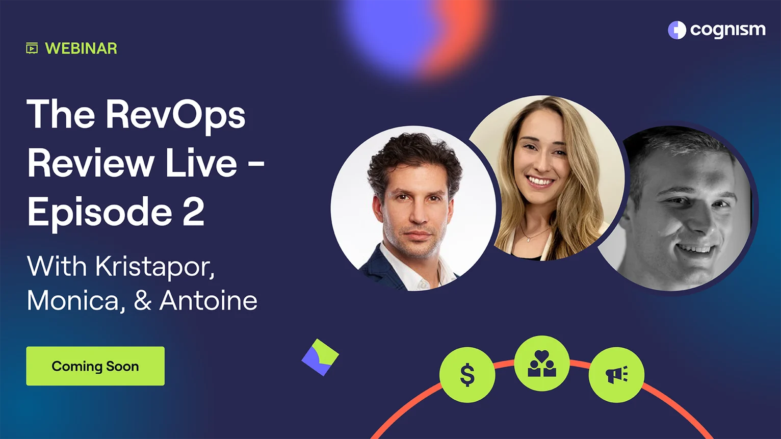 A navy blue rectangle with three headshots of working professionals on a panel at a webinar