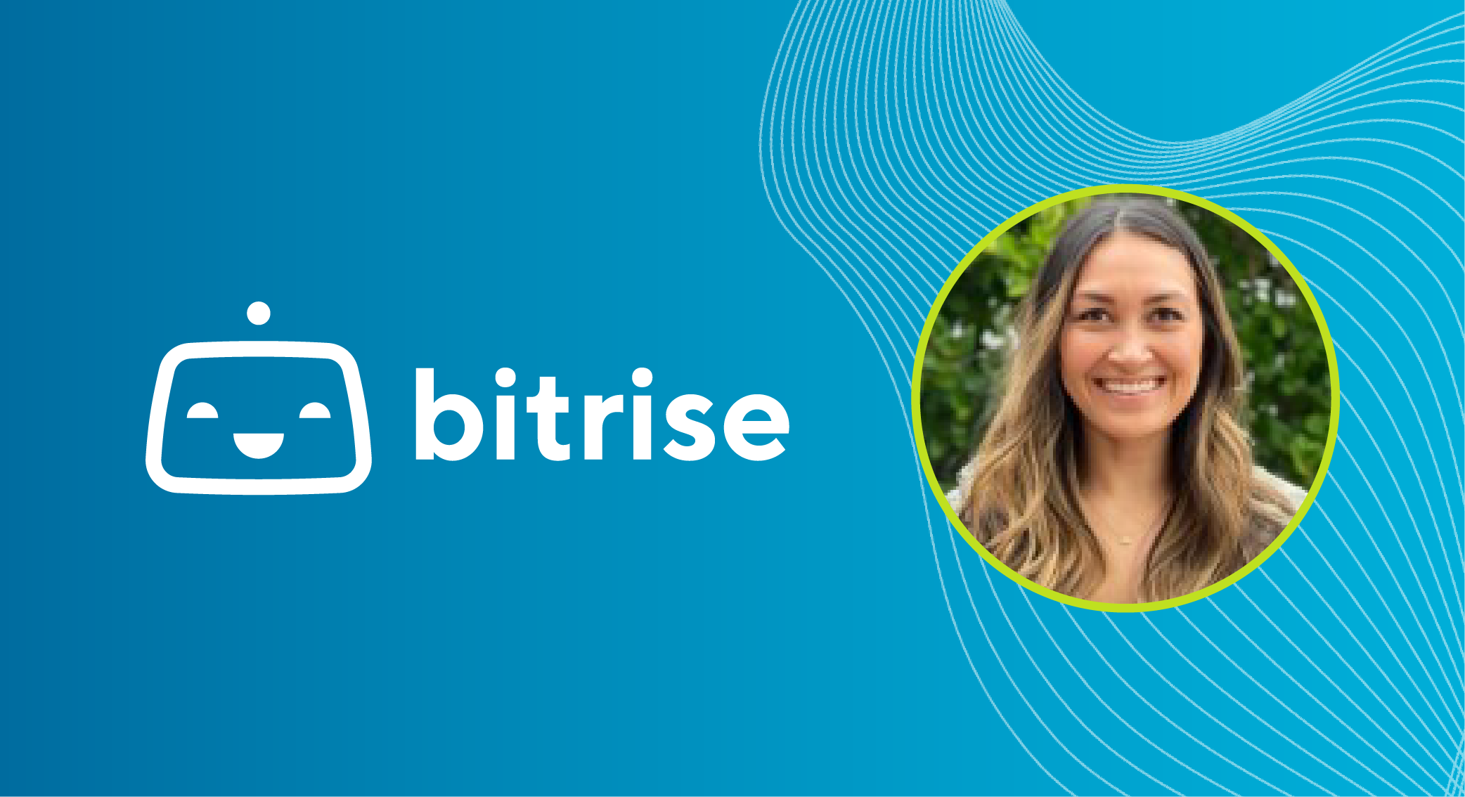 A blue rectangle with the bitrise software logo and a headshot of a bitrise employee