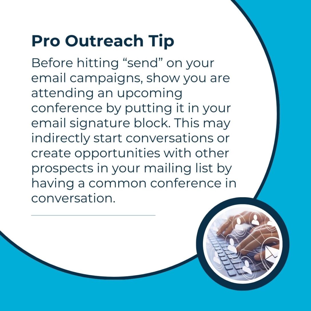 Square with a circle inside that contains a pro outreach tip for events