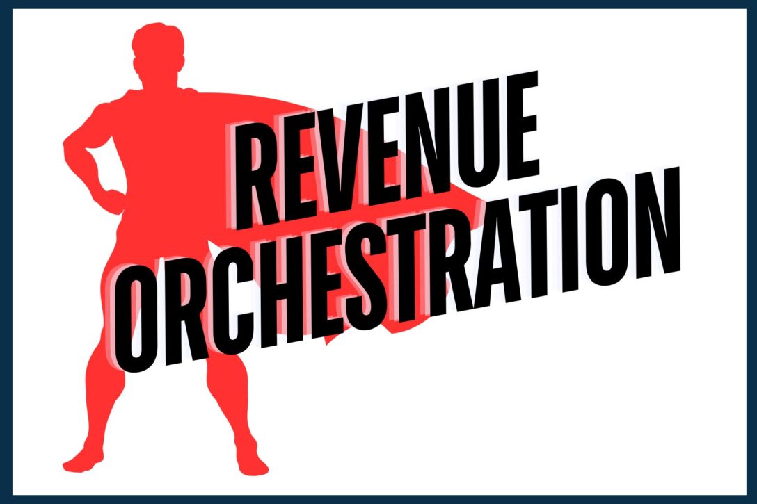 Red superhero with the words revenue orchestration across his chest