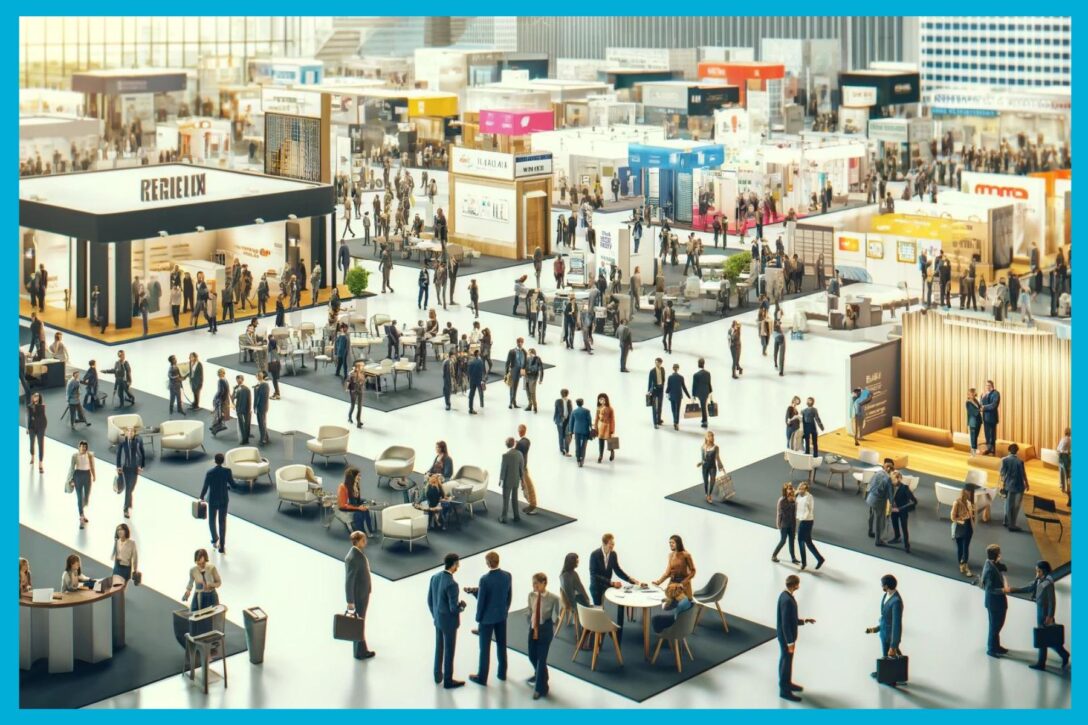 Image of a modern trade show floor full of people and booths