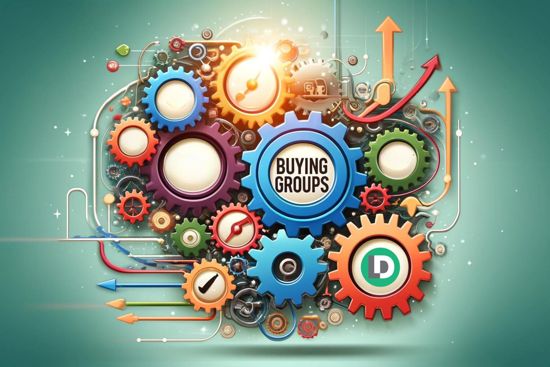 A collage of gears representing a buying group motion based in Opportunities next to a LeanData logo