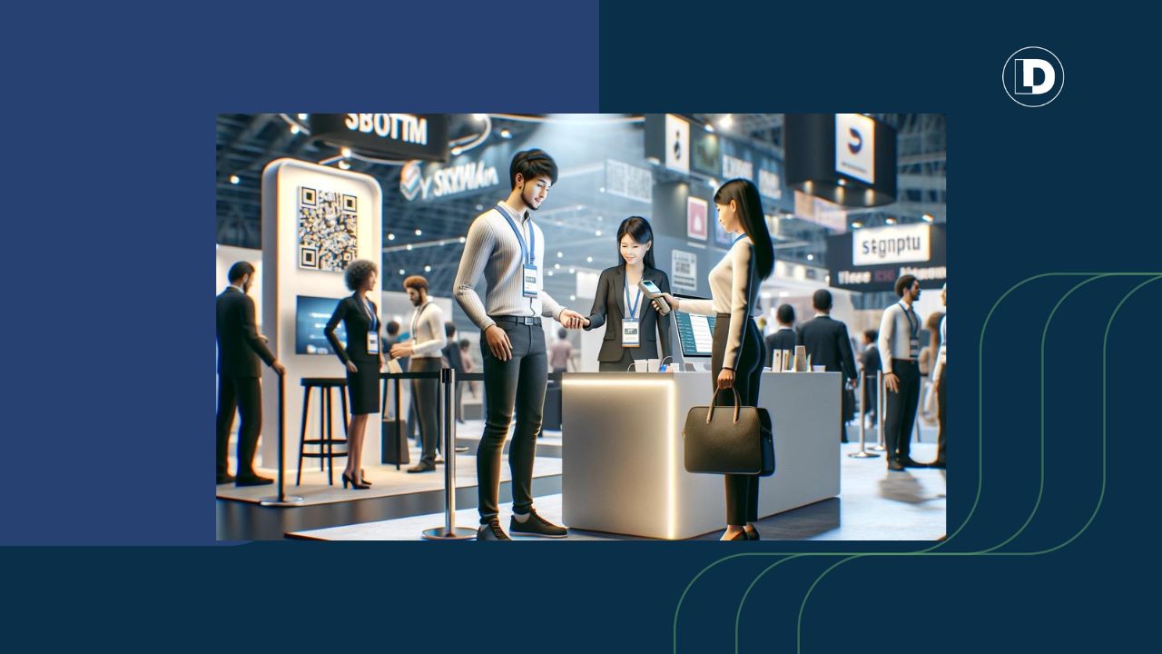 three working professionals at a trade show standing at a booth as their badges are scanned