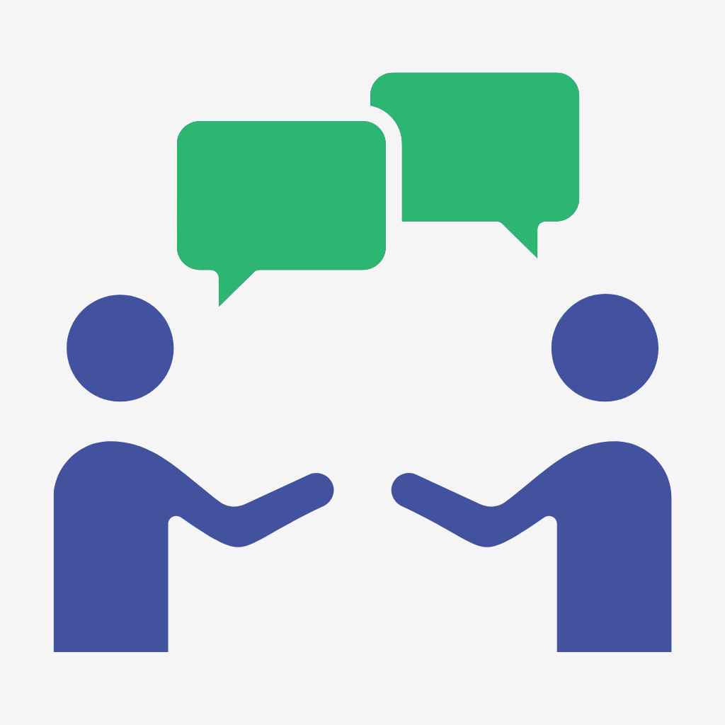 two blue graphic figures representing people with green speech bubbles above their heads