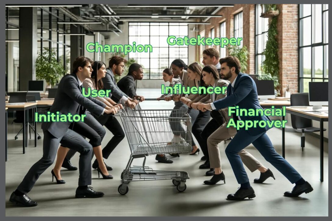 Shopping cart being pushed and pulled by members of a buying committee to demonstrate how a business makes large purchases.