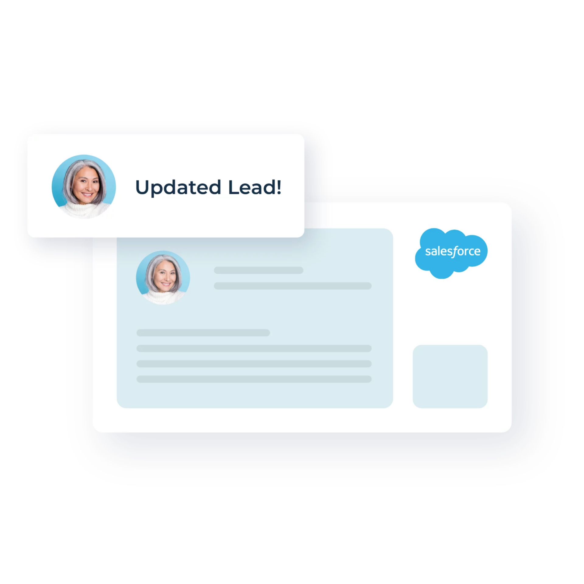 a white rectangle with a headshot of a woman to represent an updated Lead in Salesforce