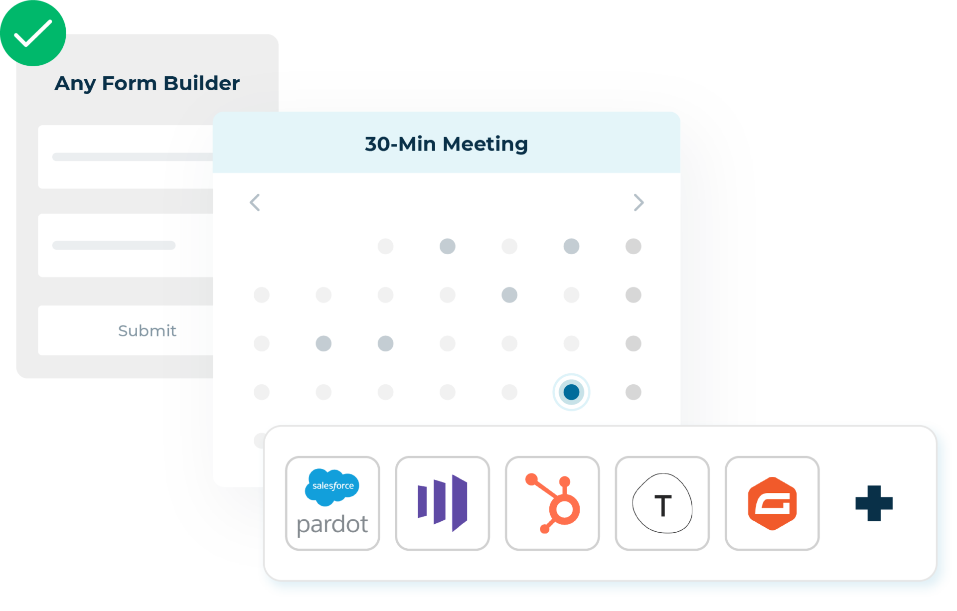 rectangles representing the process of a website form fill leading to a meeting scheduling calendar