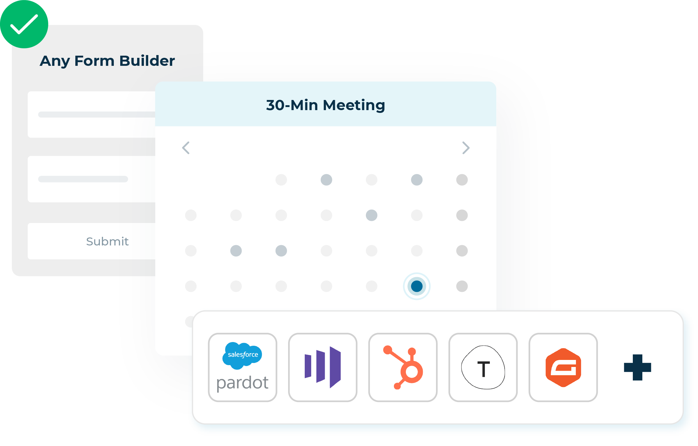 rectangles representing the process of a website form fill leading to a meeting scheduling calendar