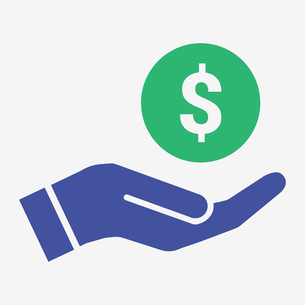 a blue hand graphic figure with the palm open and a green circle representing money above it