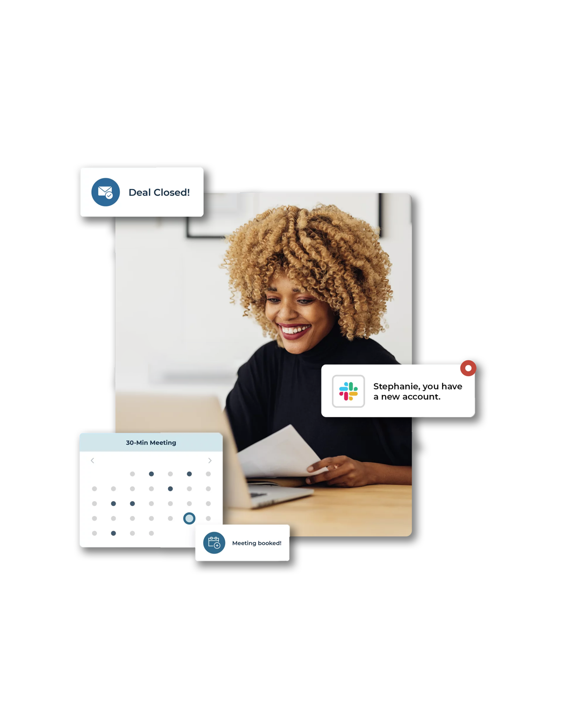 african american woman who is a sales rep sitting at a desk and smiling
