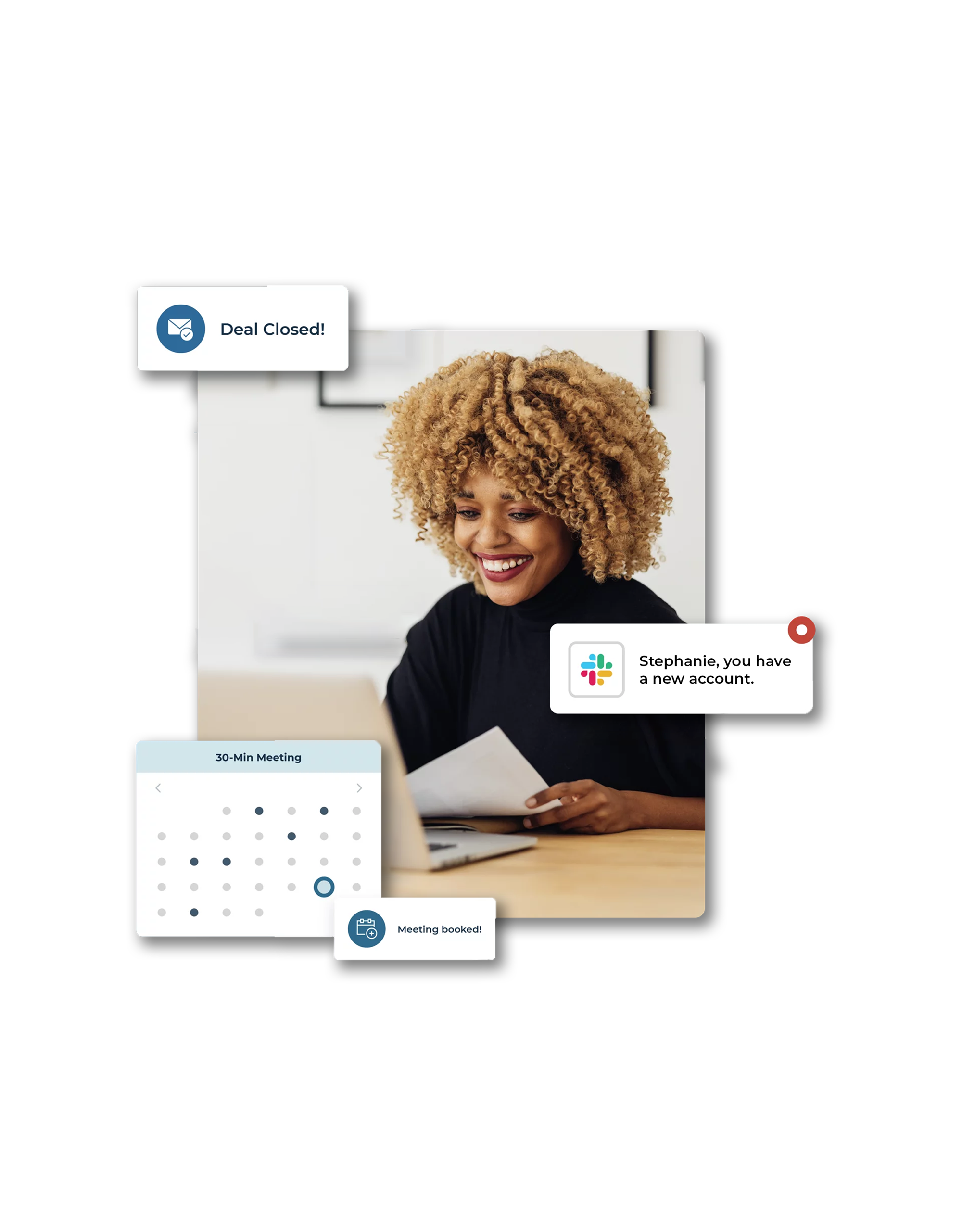 african american woman who is a sales rep sitting at a desk and smiling