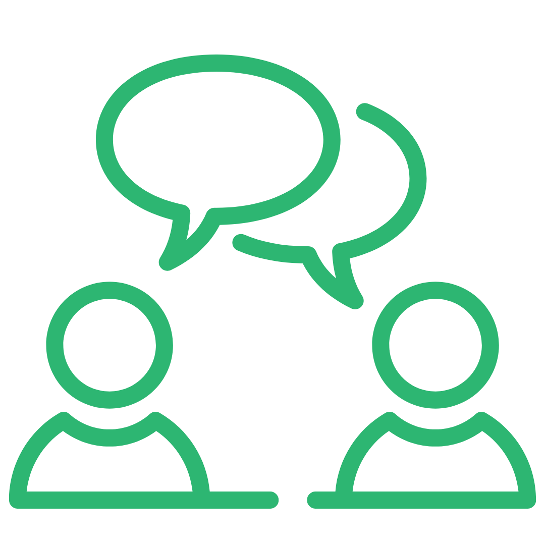 two people outlined in green with green speech bubbles above them