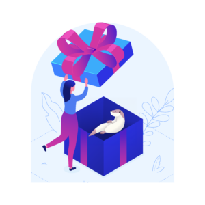 animated woman opening a purple box with a sea otter inside