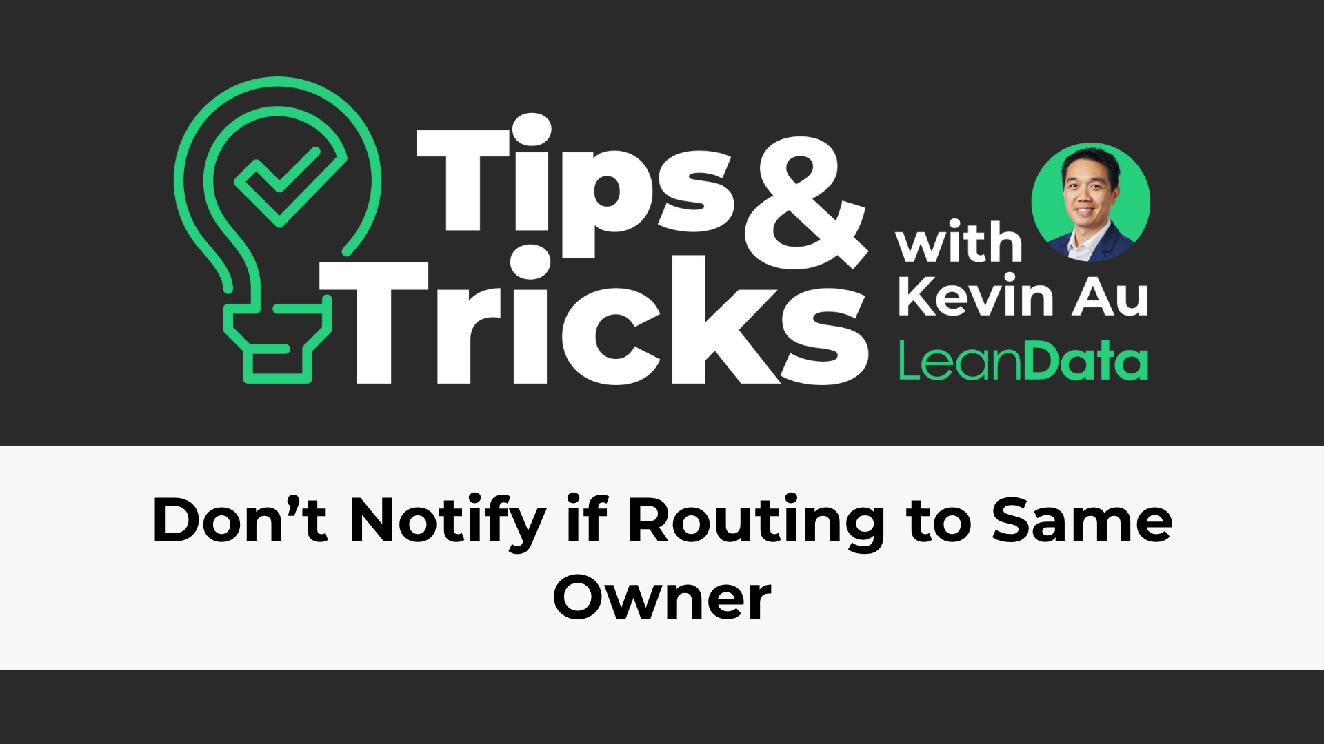 a rectangle with a green lightbulb and a leandata tips and tricks logo