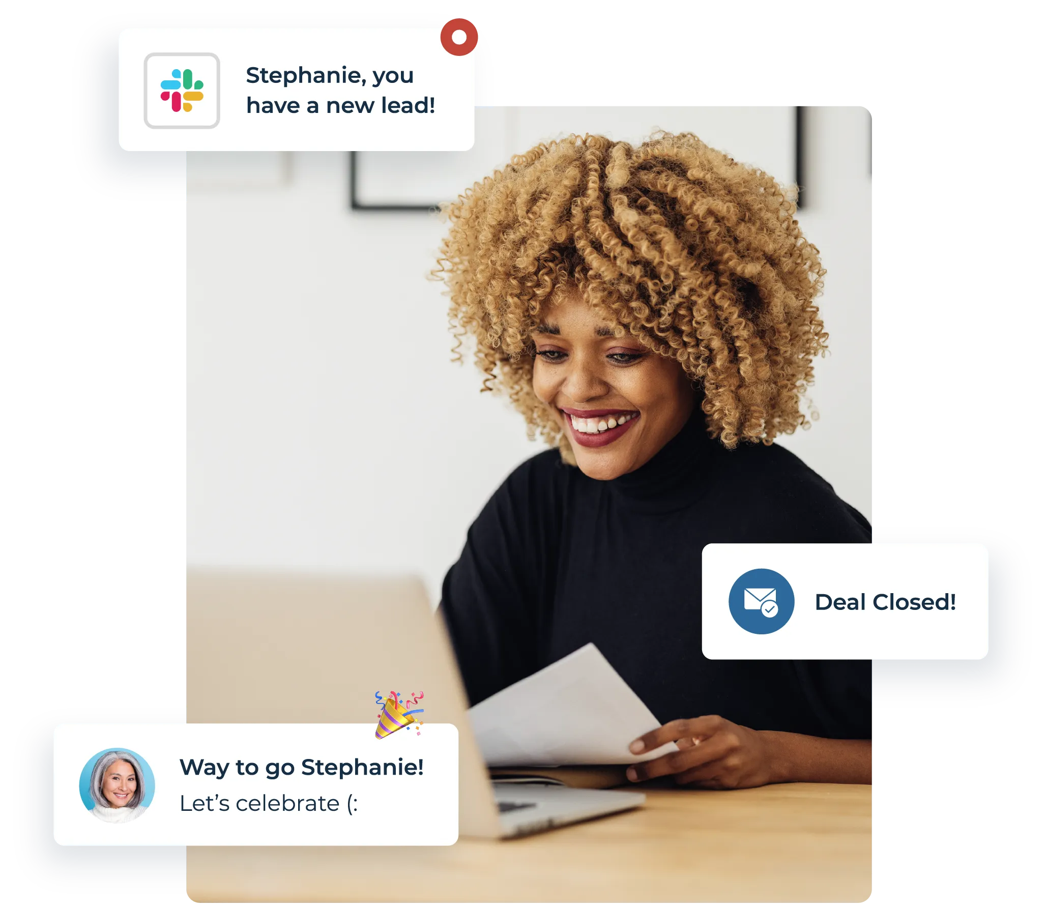 professional sales woman working at her laptop and receiving messages that she closed a deal