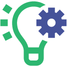 green outline of a lightbulb with a blue gear symbol on the right corner