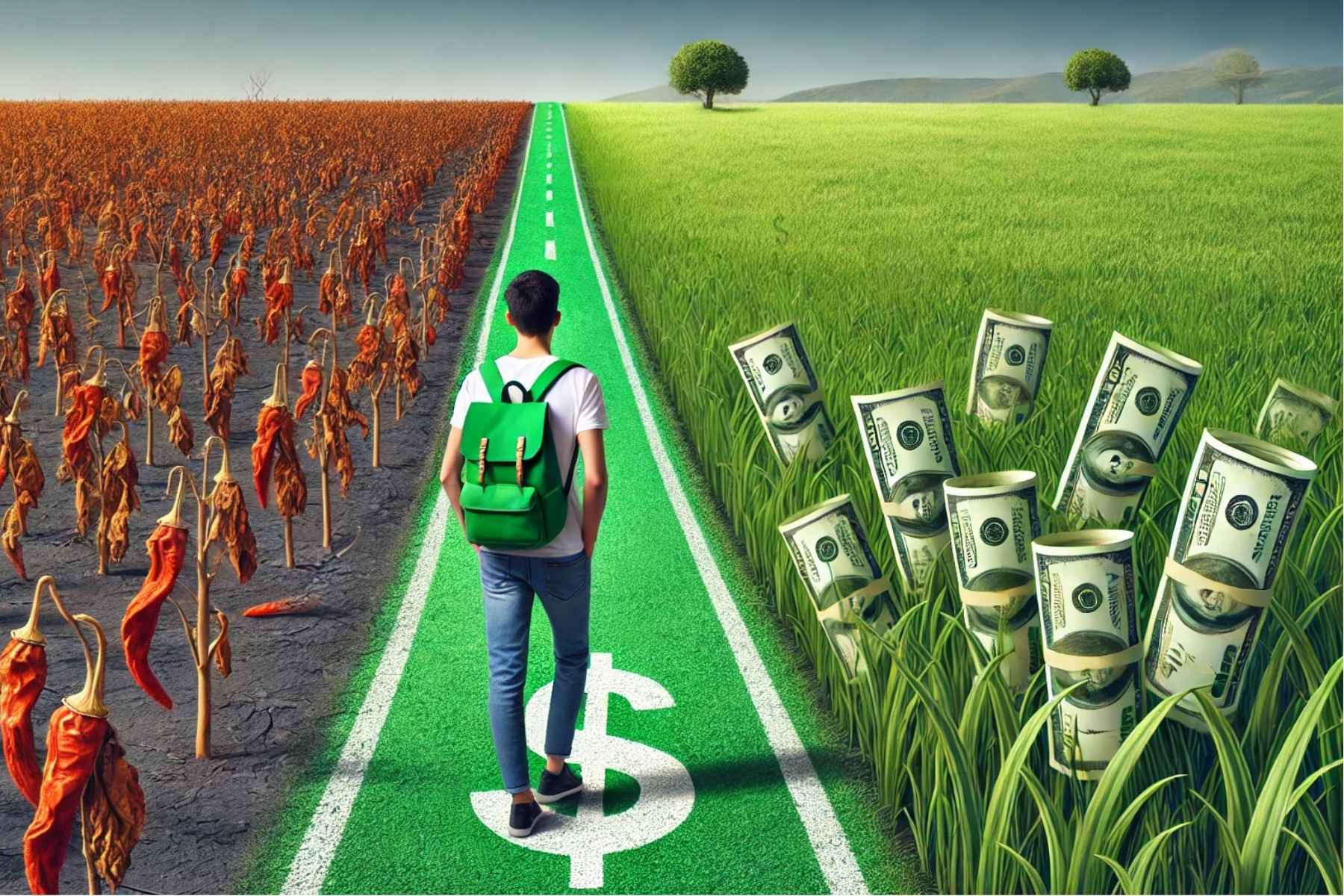 young man walking down a green road with money on one side and dried up chili peppers on the other side