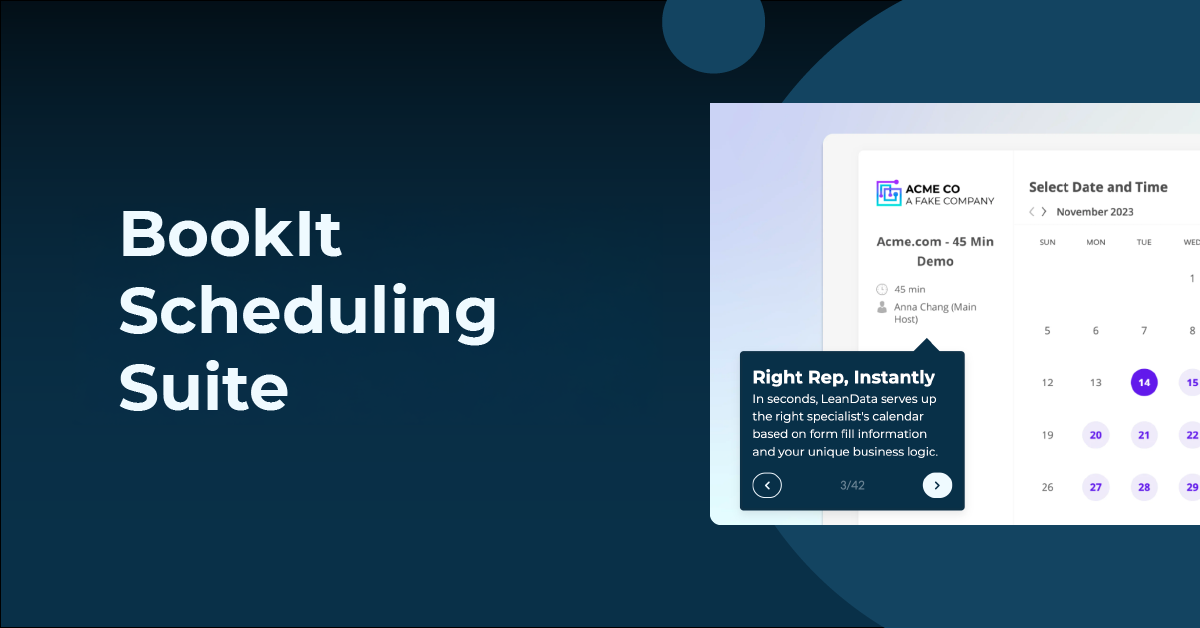 Blue background with blue circles, screenshot of the BookIt platform and white font headline that says 
