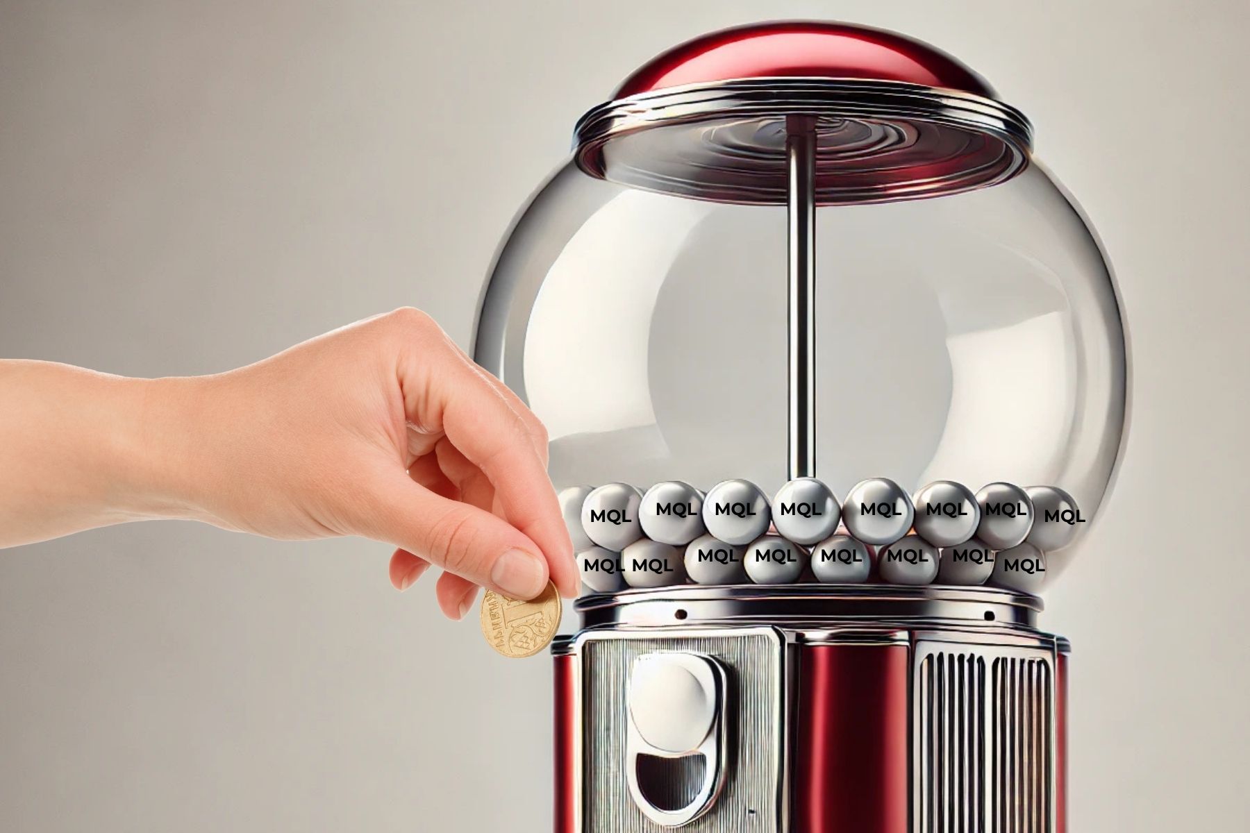 a hand putting a coin into a red gumball machine full of MQLs