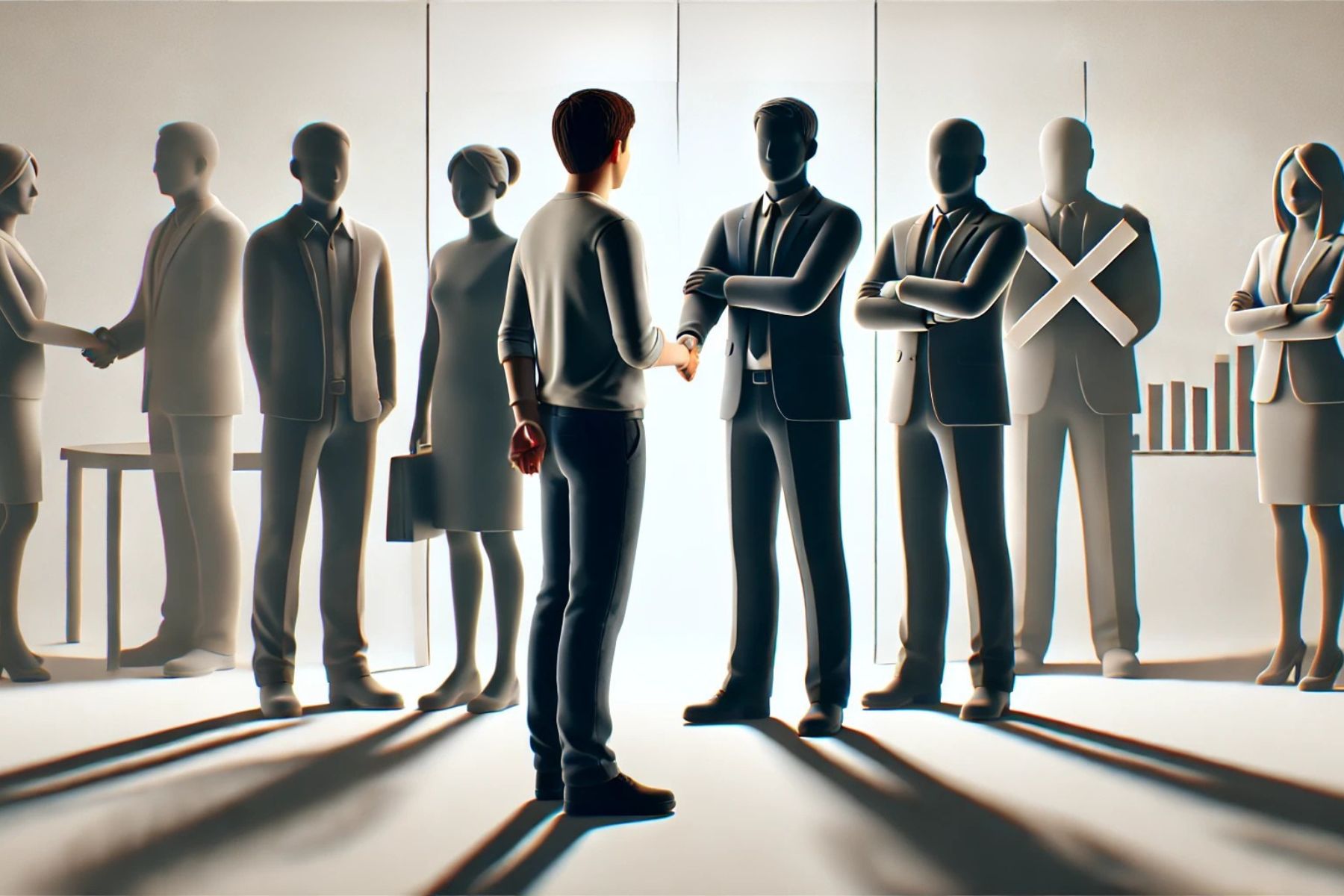 shadowy figures of men and women in an office to represent hidden stakeholders in sales deals