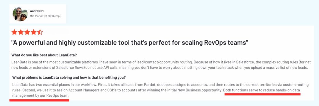 Review of LeanData on G2 that explains the benefits of data management