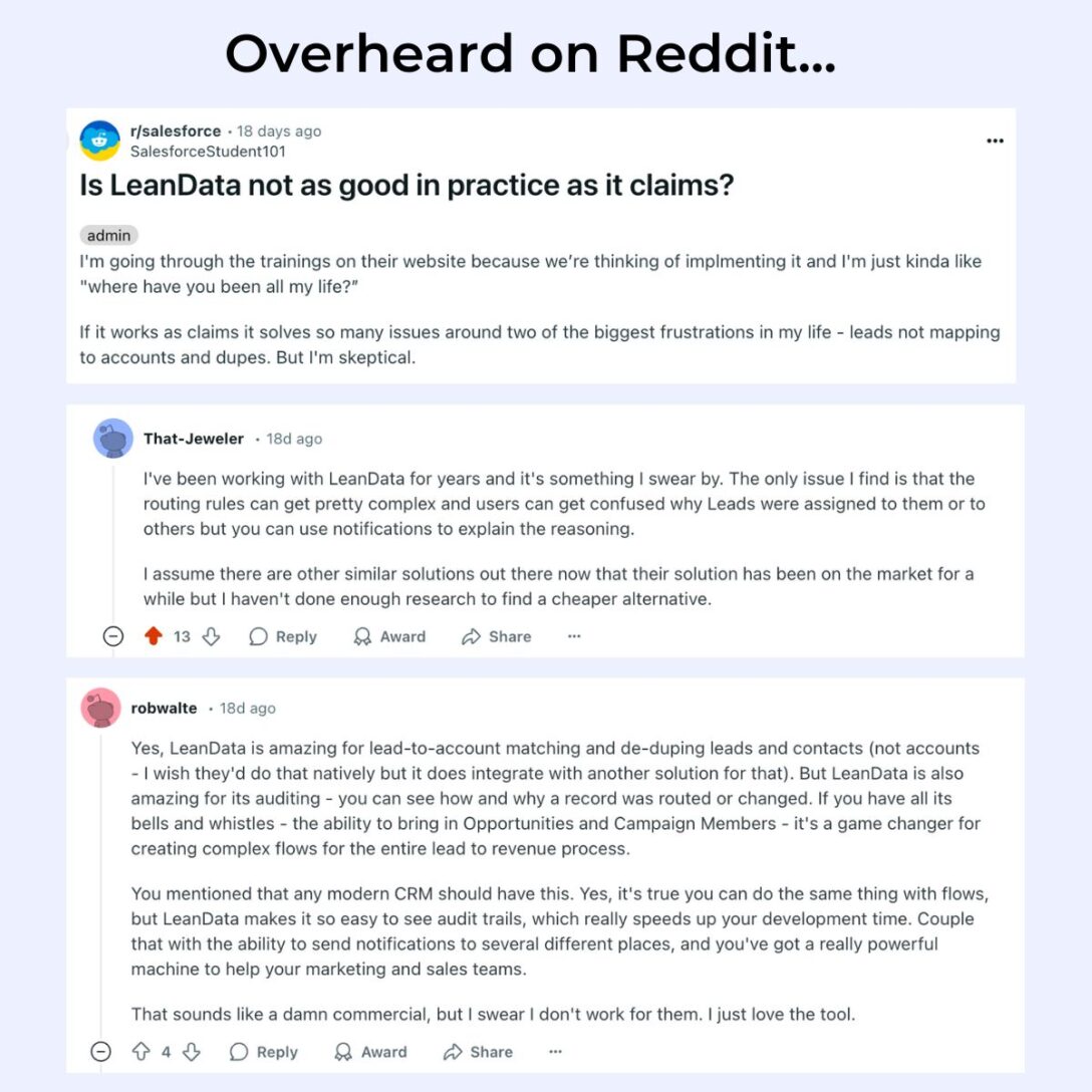 Reddit posts discussing LeanData vs. Salesforce Flows