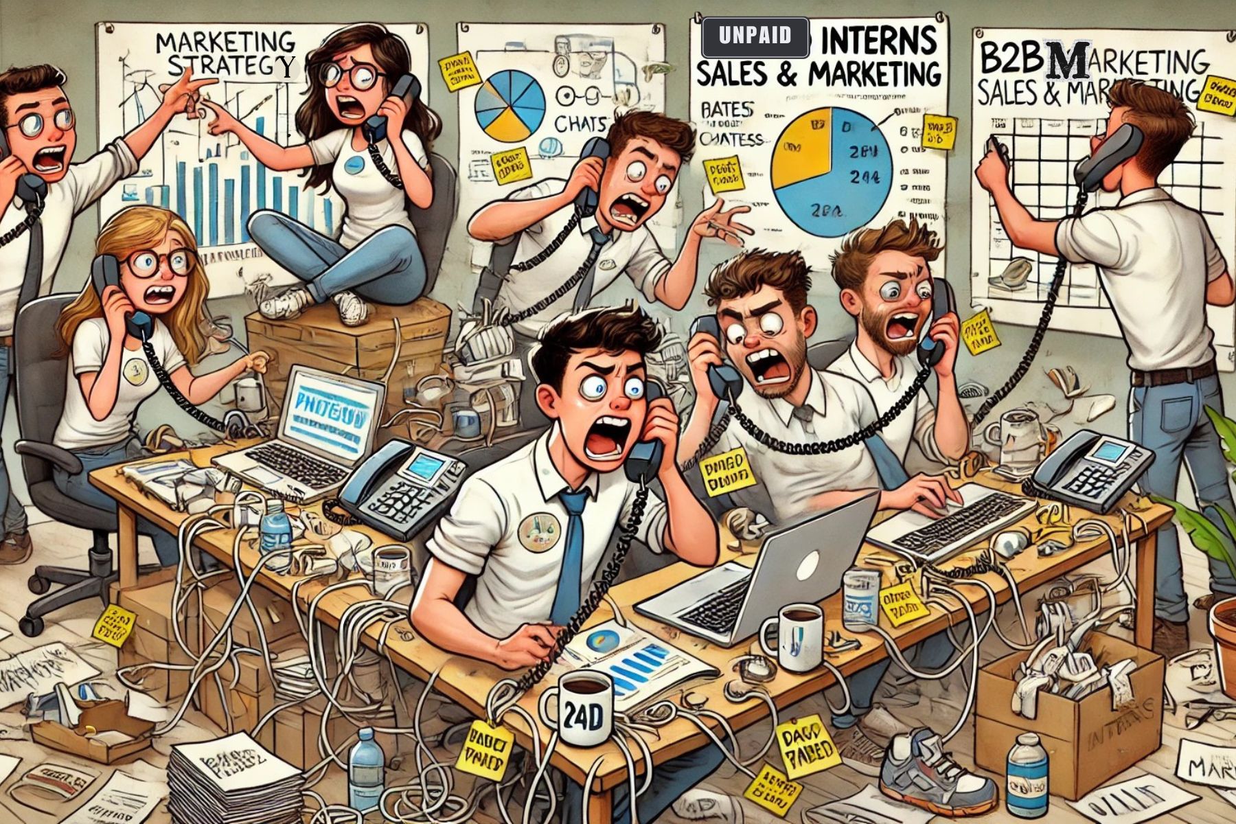 cartoon-like sales and marketing interns in an office looking stressed